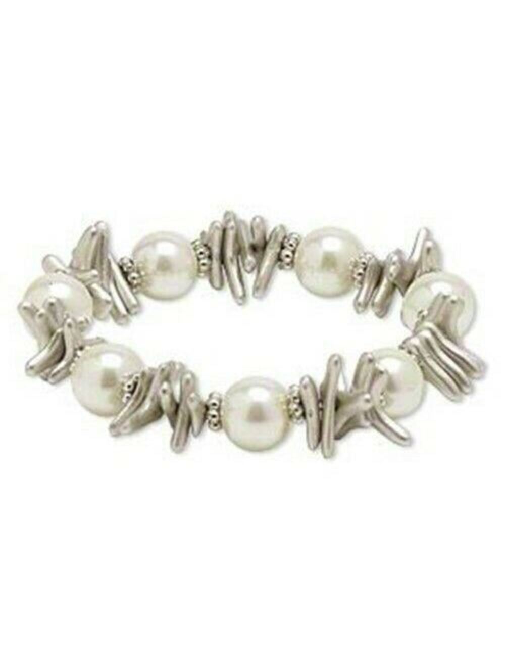 Edgy Silver and White Glass Pearl Baroque Stick Beads Stretch Bracelet